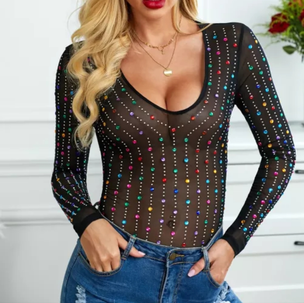 Exquisite Black Colorful Rhinestone Bodysuit - Picture 3 of 13